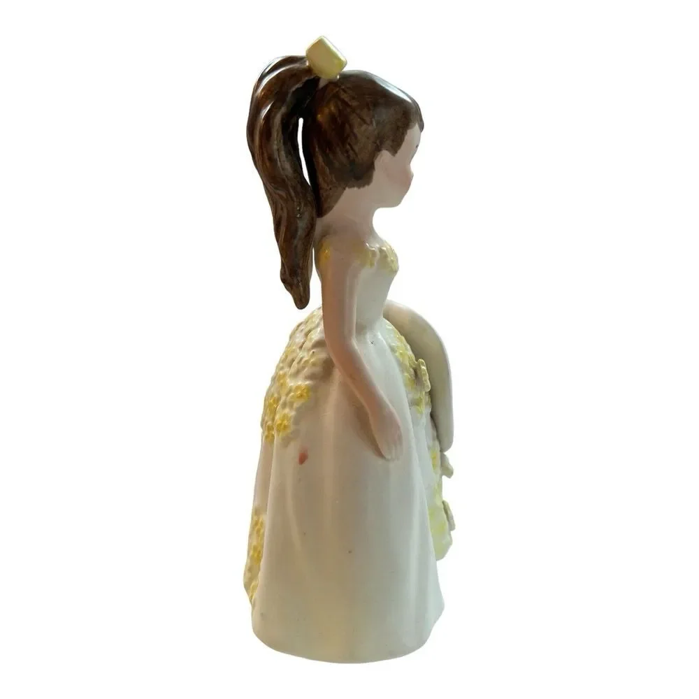 Vintage Lefton Girl Planter Brunette with‎ Bow  Dress W/Yellow Flowers & Hat